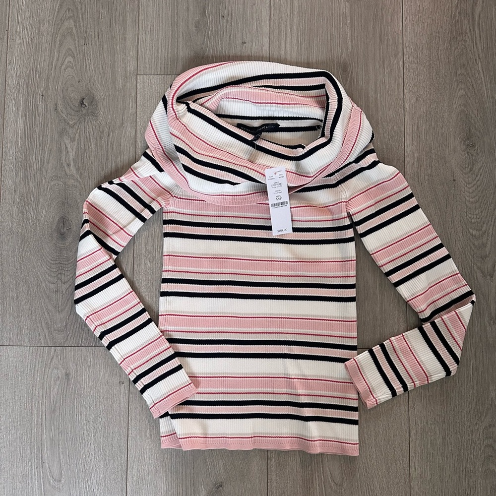 White House Black Market Pink and Black Striped Cowl Neck Sweater